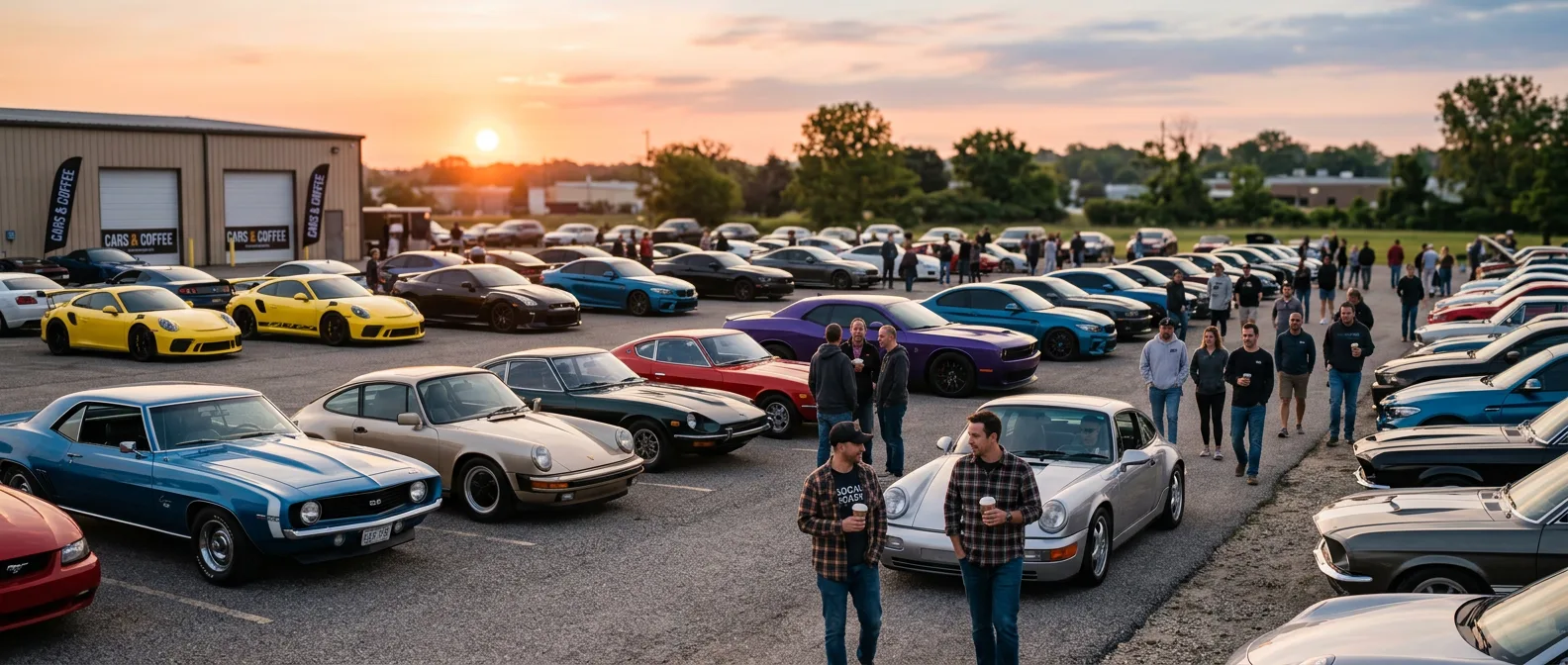 Cars and Coffee community gathering at sunrise